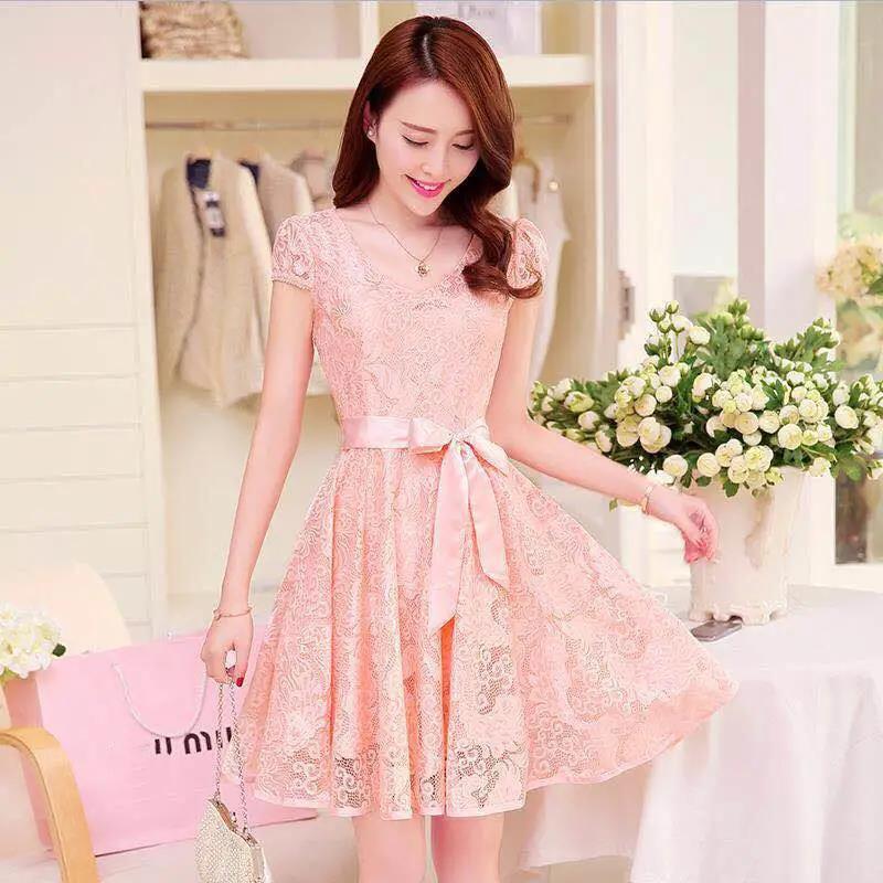 Women Vintage High Waist Super Fairy Holiday Dress Elegant Slim Lace Pleated Party Bow Dress