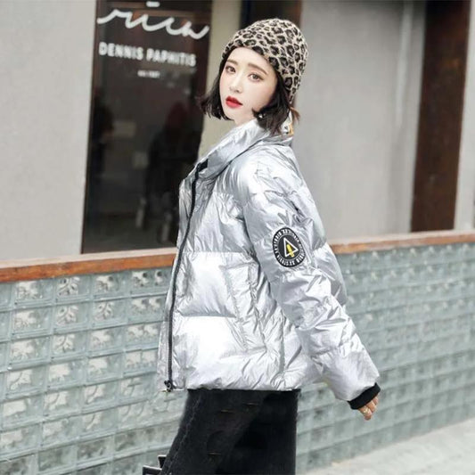 Women's Shiny Short Down Jacket Winter Korean Style Loose Quilted Jacket Casual Stand-collar Padded Jacket