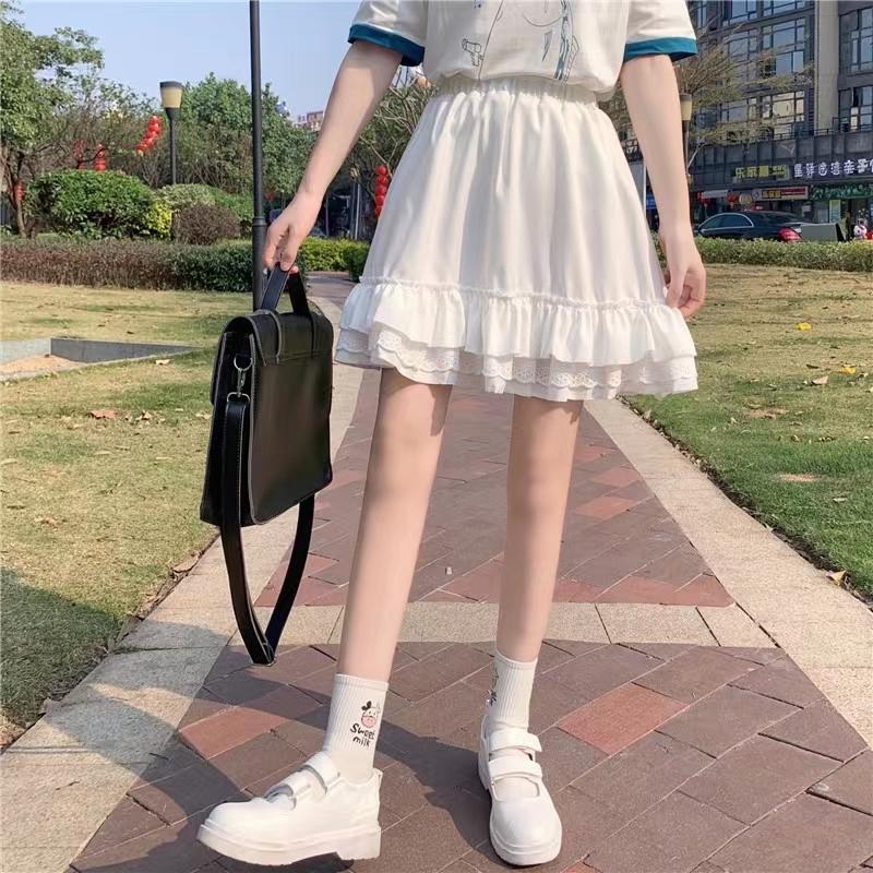 Woman Skirts Summer Casual A-line Skirt Girls JK Mini Skirts Solid Color Elastic High Waist Skirt Loose Lace Ball Gown