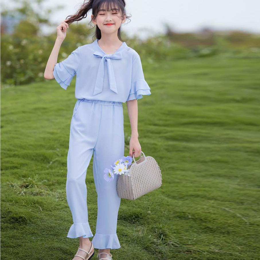 Girls' Set Summer Thin Korean Short Sleeve Pants Two Piece Set Bow Tie Ruffle Loose Suit Casual Wear