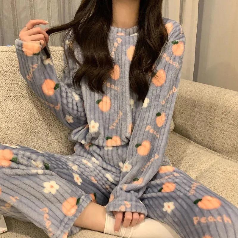 Cute Sweet Long Sleeves Pajamas Set Coral Fleece Warm Printing Stripes Sleeping Suit Women Casual Home Clothes Suit