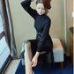 Autumn Winter Women's Long Sweater Dress Calf Length Slim Outer Wear Knit Dress with Belt