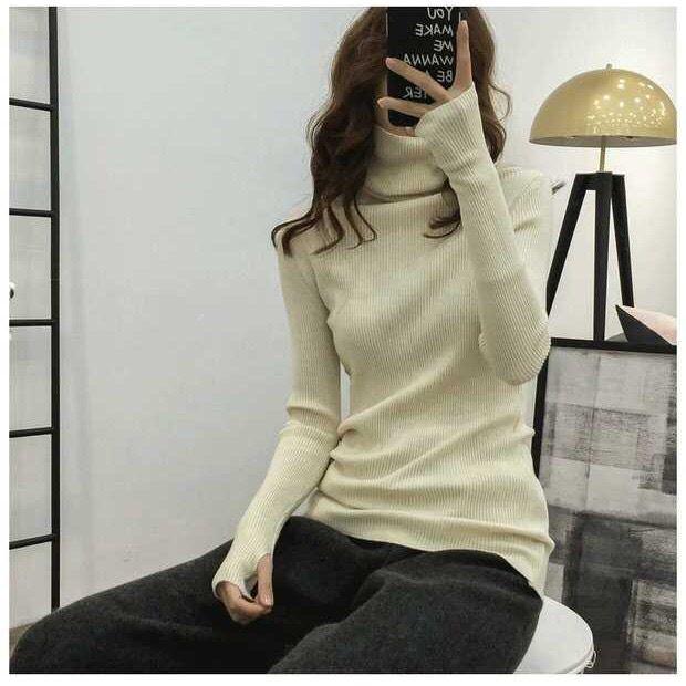 Pofulove long sleeve pullover base sweater autumn and winter tops Slim pile turtleneck sweater women