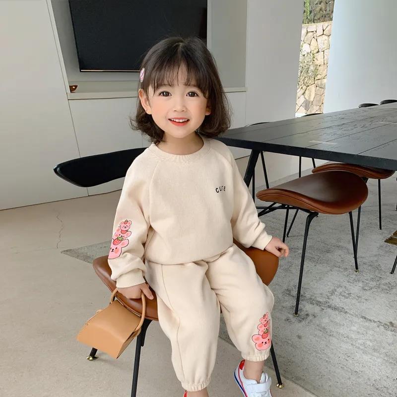 Girls' Suits Spring and Autumn Girls' Baby Children's sets Children's Two-piece Sweater Suits Solid Color Loose Casual Suits