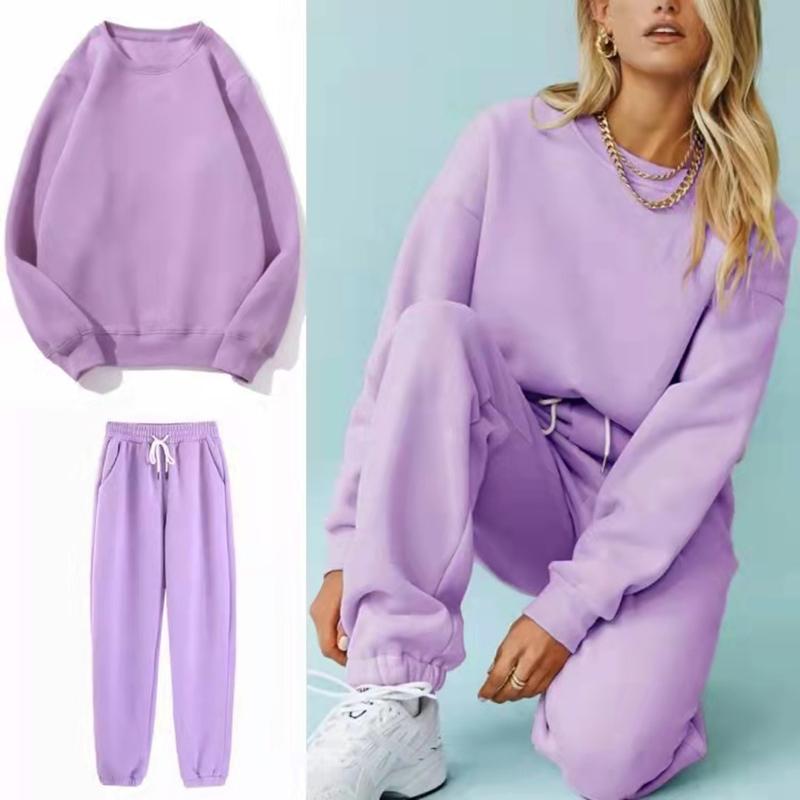 2PCS Sports Suit Round Neck Sweater Jacket Autumn and Winter Fleece Two-piece Loose Trousers Suit Solid Color Sweat Suits Girls Athletic Clothing