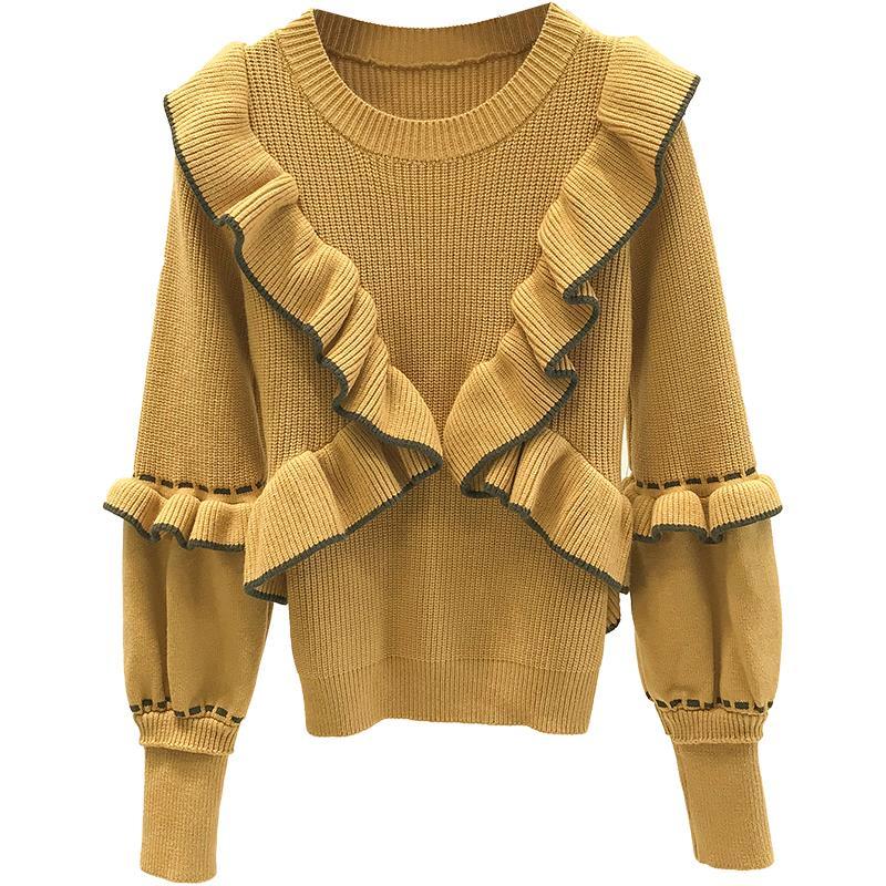 Autumn  Winter Sweater Women's Knit Sweater Round Neck Pullover Fashion Ruffled Wild Long-sleeved Bottoming Shirt