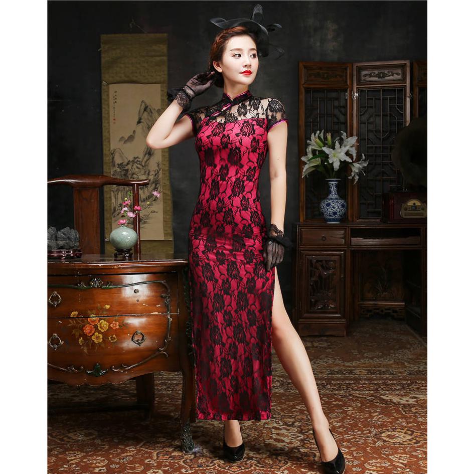 Plus Size Women Lace Classic Long Cheongsam Rayon Floral Elegant Evening Party Dress Traditional