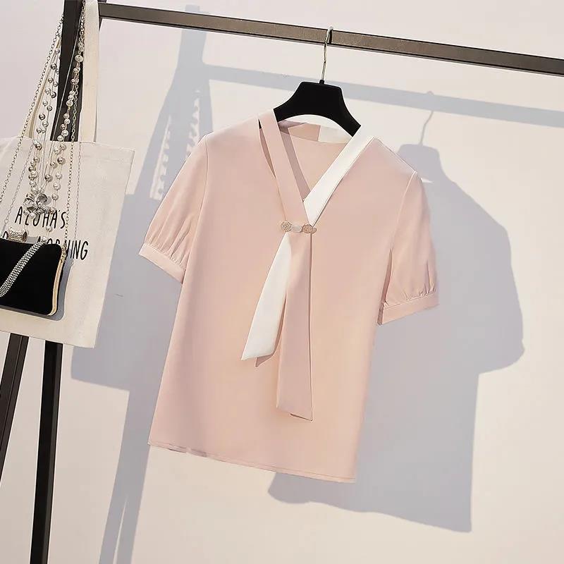 Women Summer 2 Pieces Skirt Set Pink Short Sleeve V-neck Blouse & High Waist White Mid-length Frill Skirt Office Lady Skirt Suit