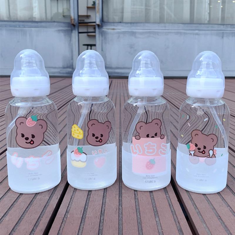 Cute Girl Glass  Water Bottle Creative Fashion Bear Pattern Personality Straw Cup Student Couple Portable Water Cup