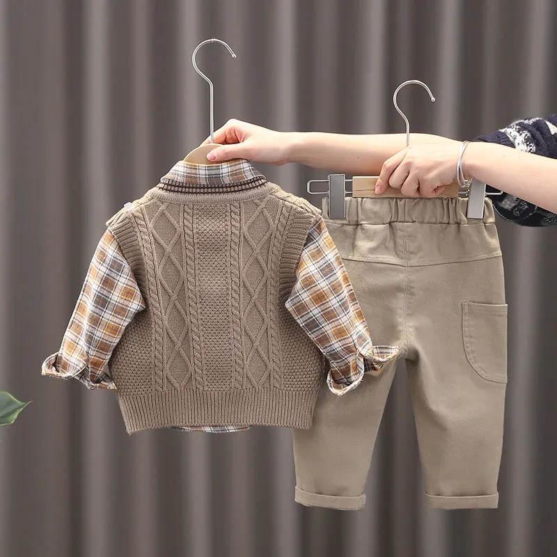 Boys Khaki Vest Spring and Autumn Suit Baby Fashion Sweater Vest Children's Korean Casual Long Sleeve Three-piece Set