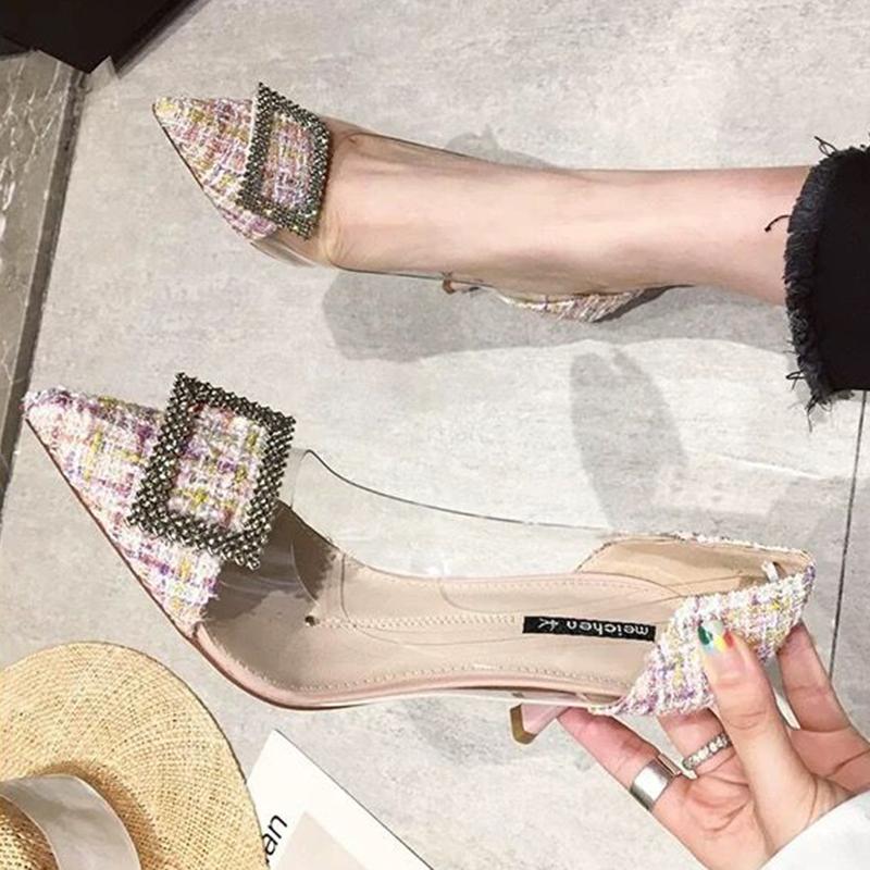 French Girl High Heels Female Stilettos Korean Version of All-match Rhinestone Transparent Pointed Toe Sexy High Heels