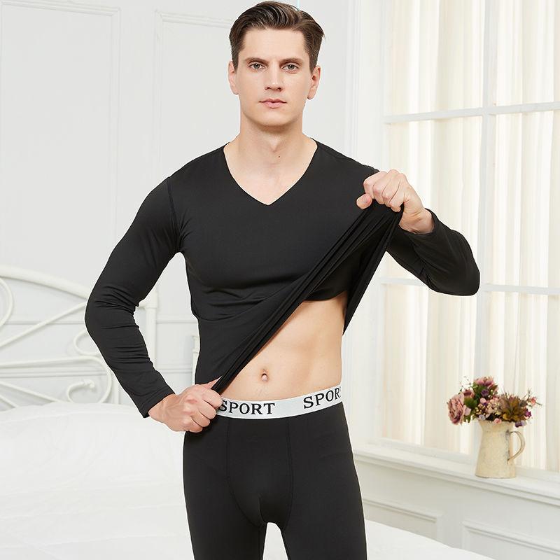 Men Winter Autumn Thermal Underwear Male Tight Suit Thicken Windproof Comfortable Soft Lining Long Sleeve High Elasticity Slim Seamless V-neck Clothes