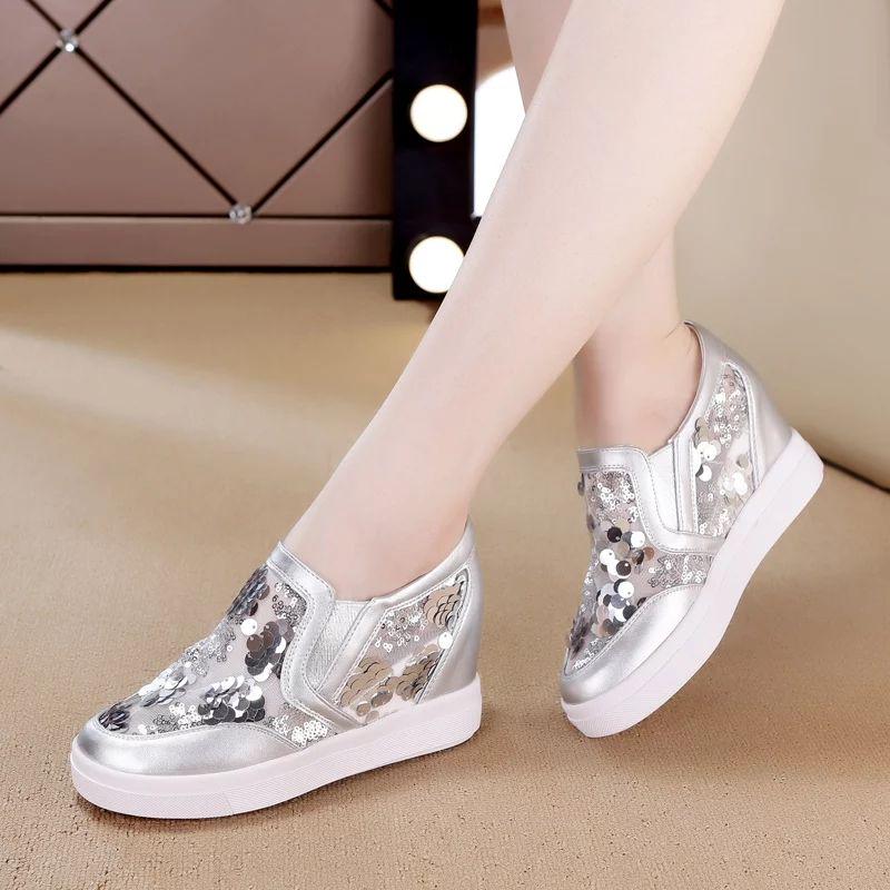 Women's Wedge Sneakers Casual Increased Hollow Breathable Mesh  Sequins Sneakers Women's Platform  Shoes