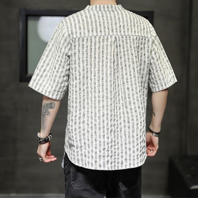 Striped Short-sleeved Men's Chinese Style Linen T-shirt Summer Korean Trend Cotton and Linen Half-sleeved Fashion All-match Loose T-shirt