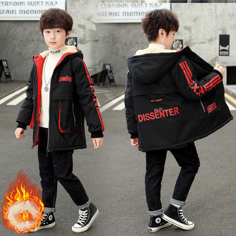 Winter Clothes Plus Cotton Thickening Boys Plus Fleece Jacket Big Children's Cotton Jacket Boy Jacket Children's Mid-length Cotton Jacket