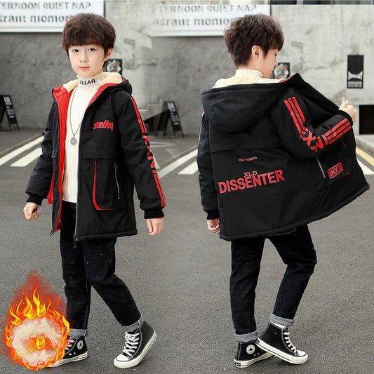 Winter Clothes Plus Cotton Thickening Boys Plus Fleece Jacket Big Children's Cotton Jacket Boy Jacket Children's Mid-length Cotton Jacket