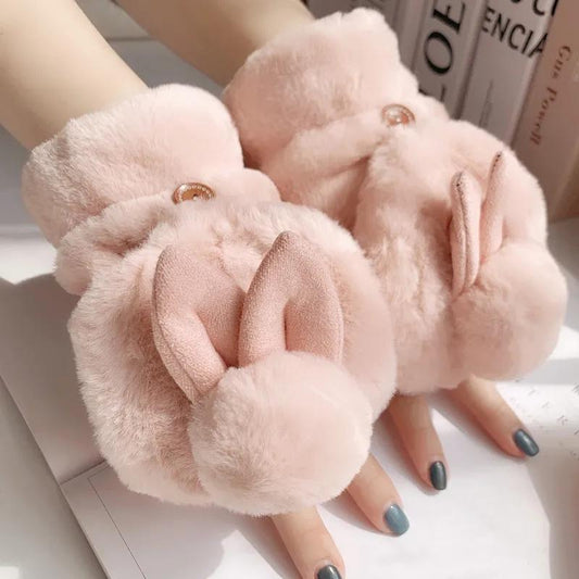 Cute Girl Gloves Winter Korean Version of Student Cute Rabbit Flip Open Finger Plush Plus Velvet Gloves