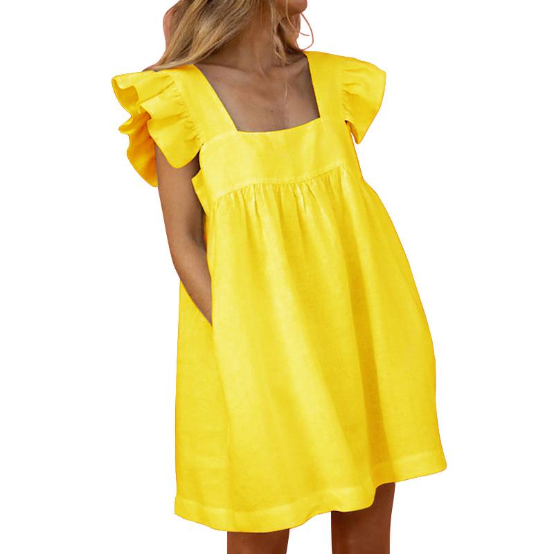 Women Ruffled Dress Summer Cute Square Collar Pocket Dresses Elegant Butterfly Sleeve Beach Party Female Dresses