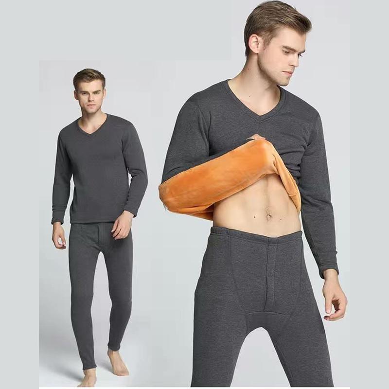 Men Winter Thermal Underwear Plus Velvet Thickened O-neck V-neck Tops Pants Male Tight Suit Windproof Soft Lining Long Sleeve High elasticity Slim