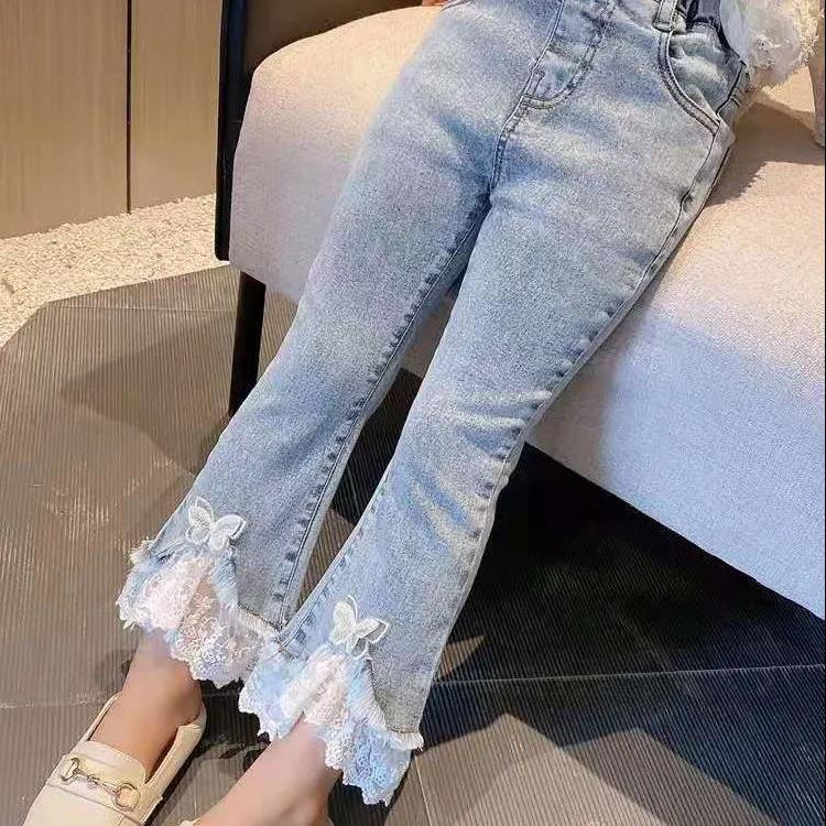 Children's Pants Summer Girls Casual Trousers Flared Pants Slim-fit Jeans Lace Pearl Bow Dot Pants