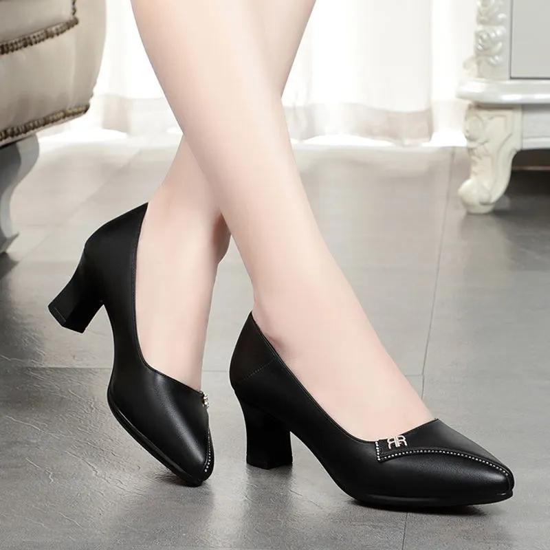 Single Shoes Women's Thick Heel Women Shoes Summer Soft Sole Mid-heel Shoes Spring and Autumn All-match Leather Shoes