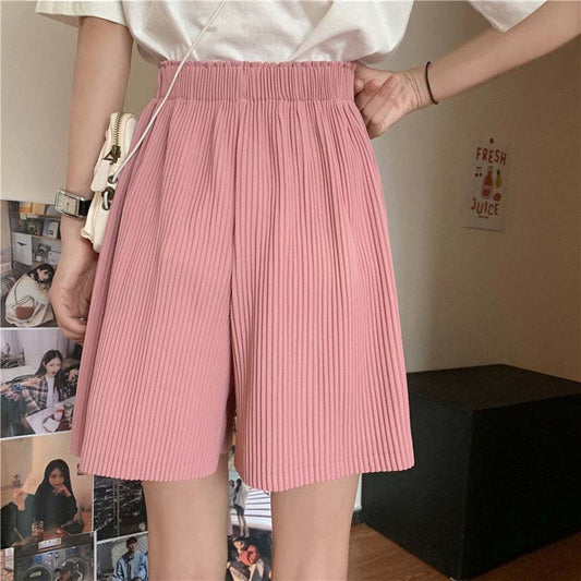 Pleated Wide-leg Shorts Women Five-point Short Pants Loose All-match High Waist Straight Casual Shorts Outdoor Sport Pants Solid Color A-line Shorts