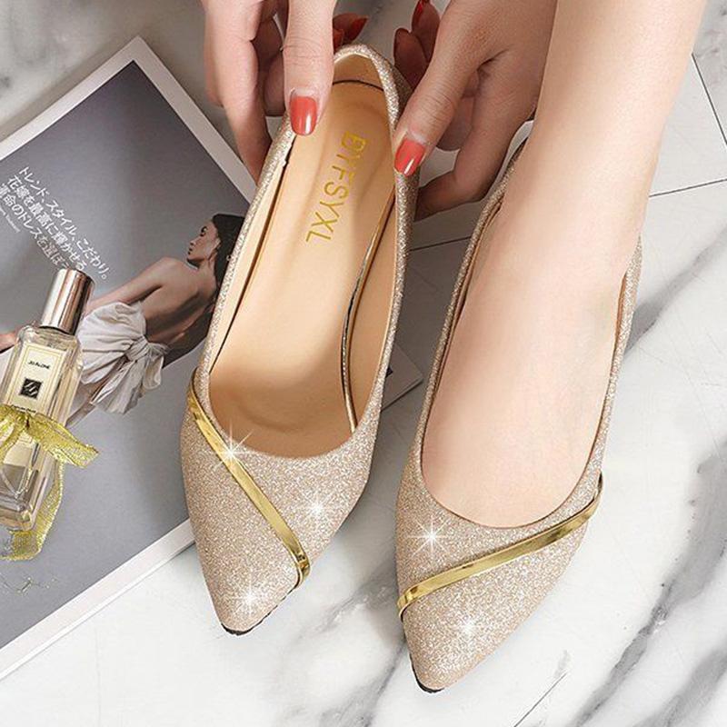 Genuine Leather Single Shoes Women's Mid-heel Thick Heel Spring and Autumn All-match Shallow Mouth Casual Pointed Toe Fashion Rhinestone Women's Shoes