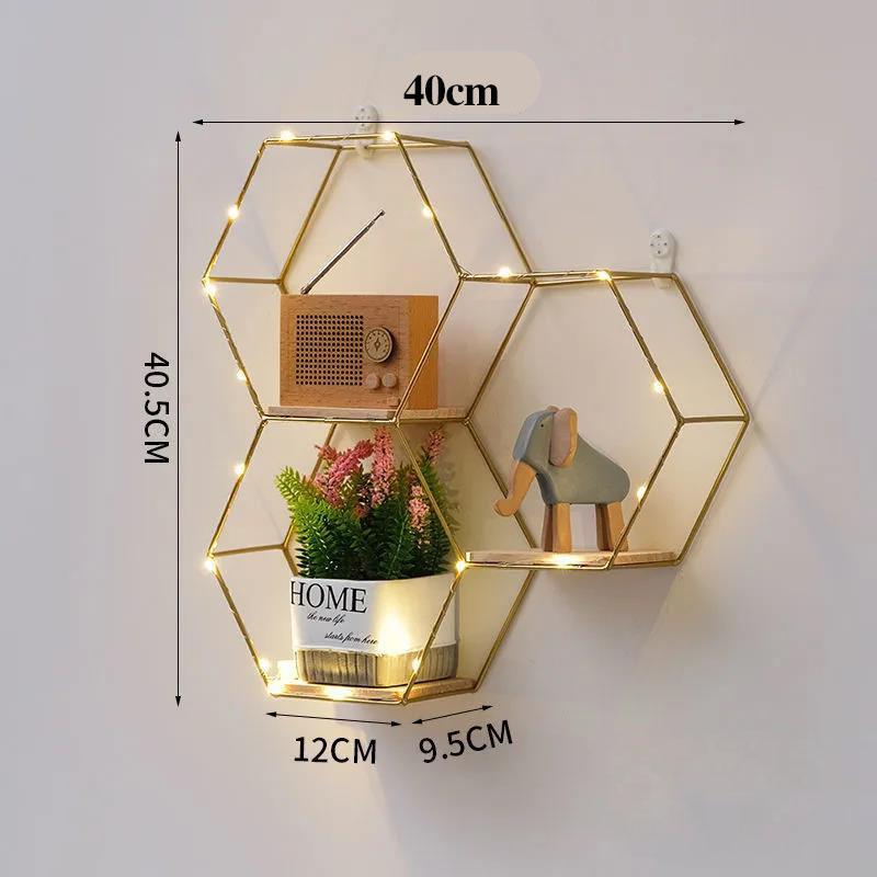 Hexagon Art Storage Shelf Metal Decorative Rack Wall Mount Display Platform with Light Strip