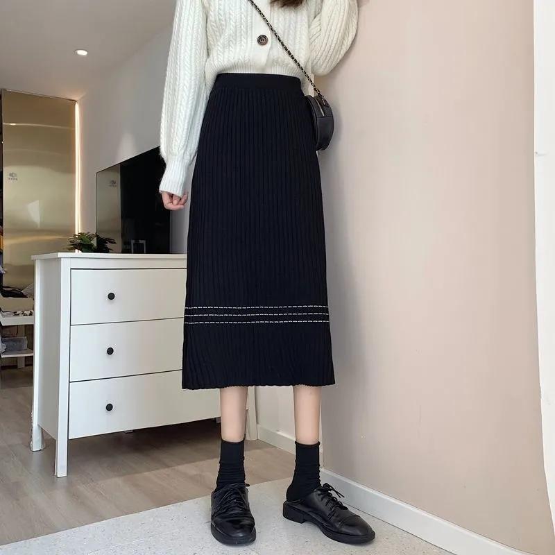 Knitted Skirt Autumn and Winter Women's High Waist Mid-length All-match A-line Skirt Covering Crotch