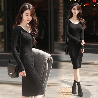 Winter Mercerized Cotton Temperament Goddess Fan Sweater Knit Dress V-neck Long-sleeved Slim Slimming Black Hip Skirt