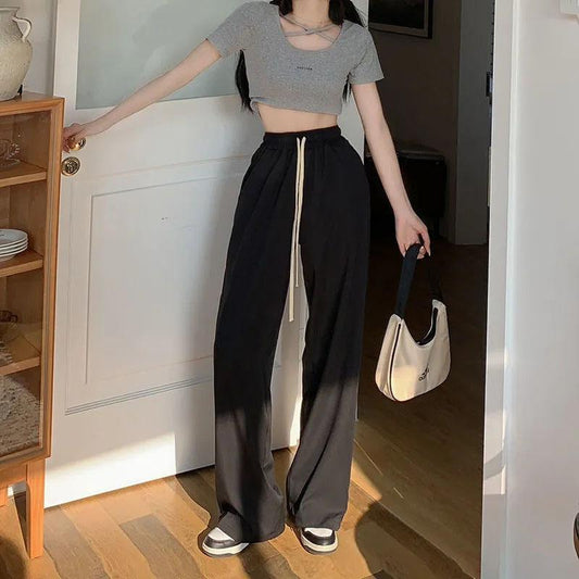 Women's Casual Pants Spring and Summer INS Black High-waisted Loose Straight-leg Pants Are Thin and Droopy Wide-leg Pants Long Mopping Pants