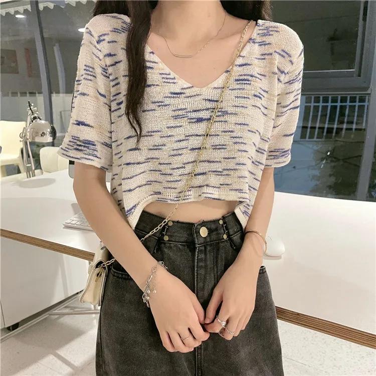 Women's Knitwear Summer Thin V-neck Hollow Out Short-Sleeve Shirt Temperament Short Loose Casual Striped Pullover Top Female Knitted Pullovers Top Tee