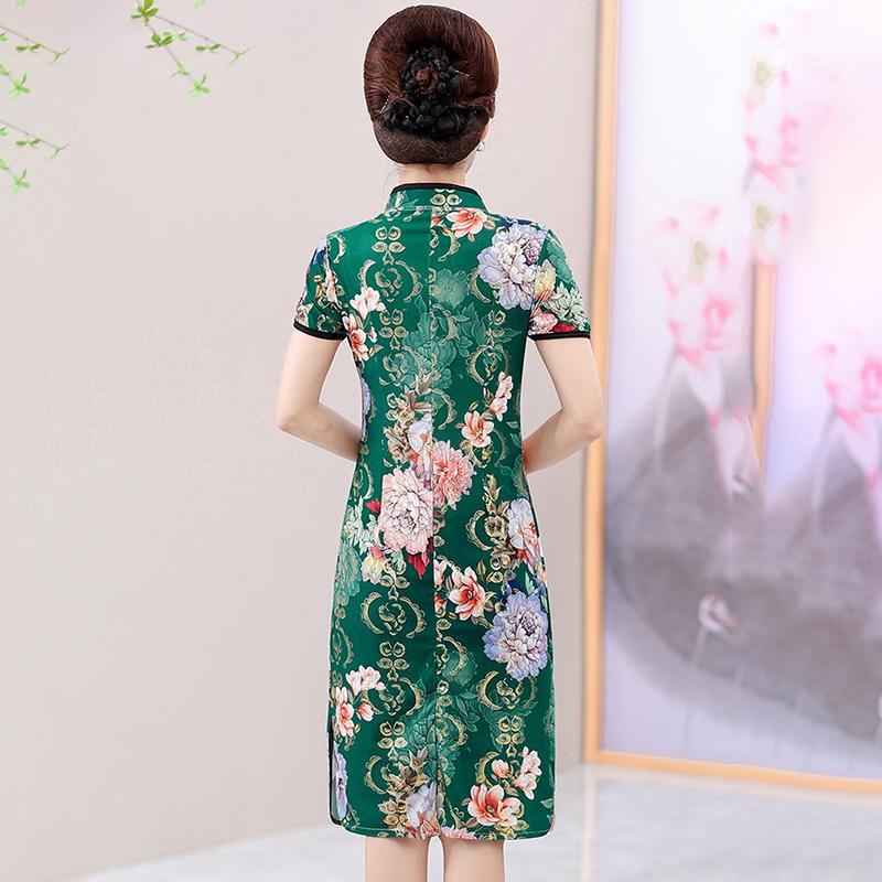 Summer Improved Cheongsam Female Mother Dress Retro Short-sleeved Dress Mid-length Middle-aged and Elderly Printed Cheongsam Dress