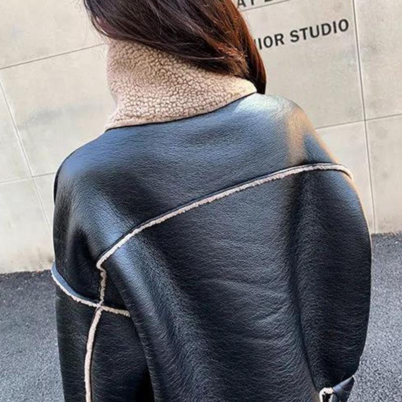 Winter Fashion Cool Plus Cotton Women's Warm Lamb Wool Short Coat Thicked Motorcycle Leather Coat Big Lapel Jacket Girl Winter Clothes Parka Coat