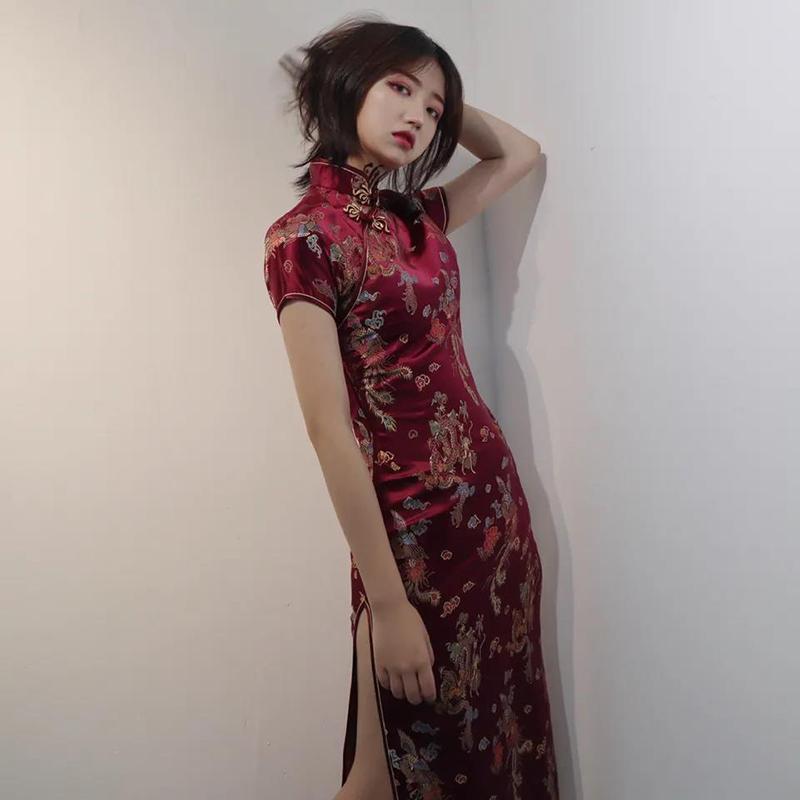 Lady Cheongsam Young Fashion Girl Retro Chinese National Style Long Sexy Dress Dark Black