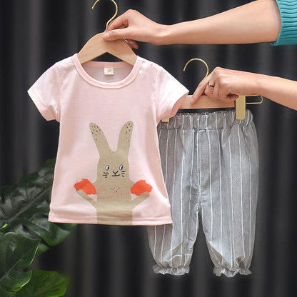 2PCS Children Clothing Set Spring Summer Girls Suits Printing Short Sleeve Tops + Pants Clothing Set