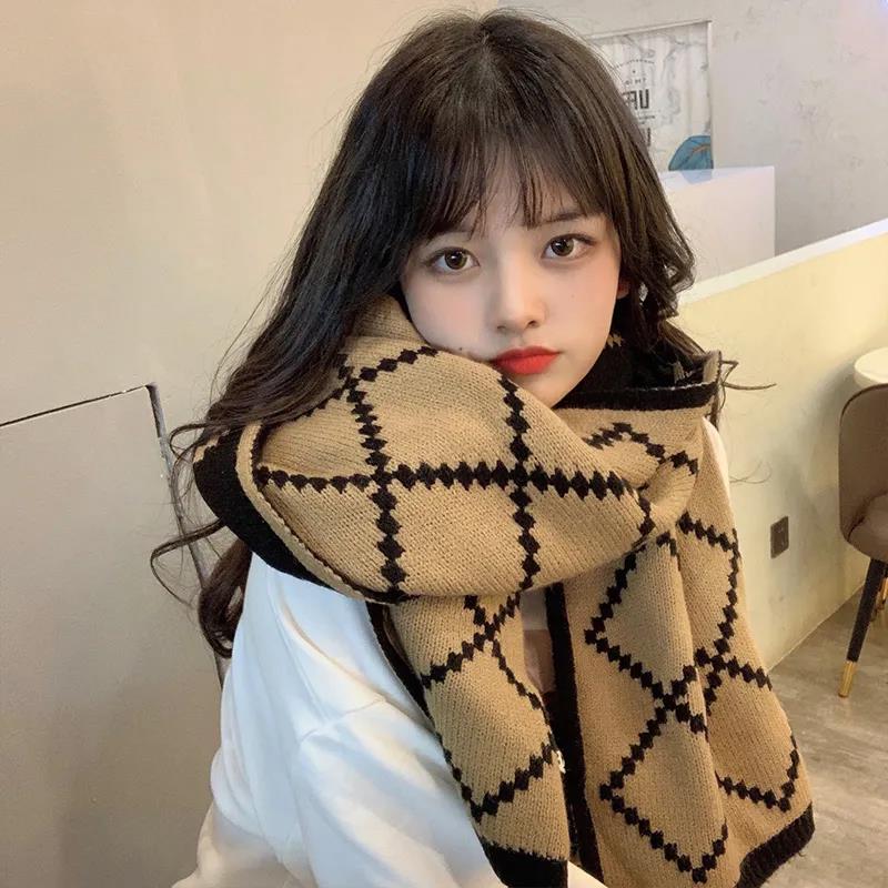 Women's Korean Version of Rhombus Knitted Wool Scarf Winter Thickening Warm Couple Scarf