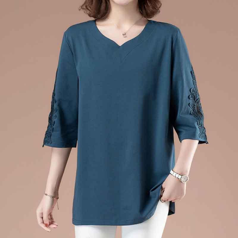 100% Cotton Large Size Three-quarter Sleeve T-shirt Women Loose Fashion Middle-aged Top