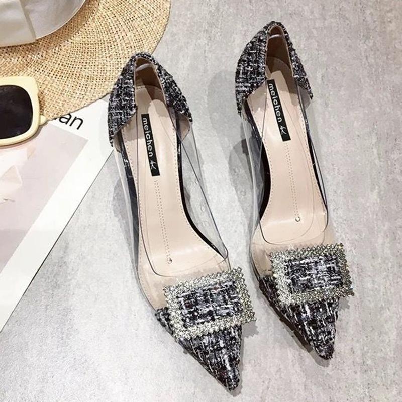 French Girl High Heels Female Stilettos Korean Version of All-match Rhinestone Transparent Pointed Toe Sexy High Heels