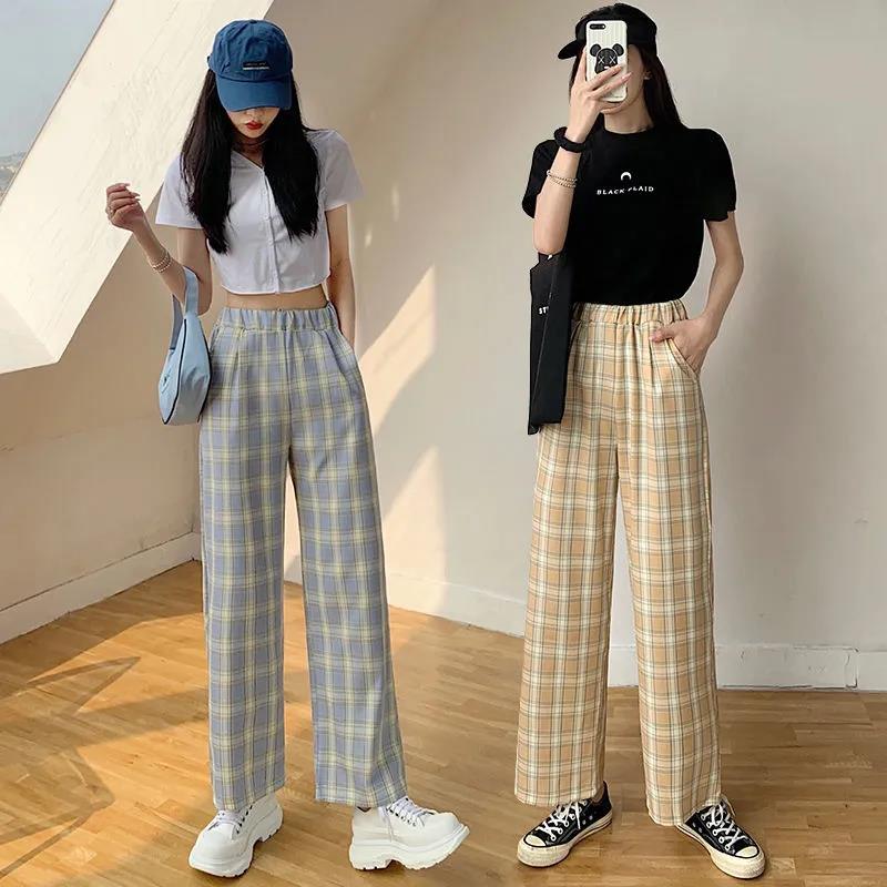 Women Spring Summer Long Pants Vintage High Waist Wide Leg Casual Pants Elastic Waist Loose Plaid Stripe Versatile Streetwear Straight Pants