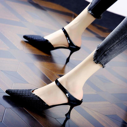 Korean Version of Baotou Mid-heel Breathable Mesh Fairy Sandals Pointed Toe Stiletto High Heels Women Slippers