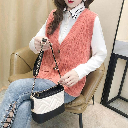 Autumn and Winter Knitted Cardigan Vest with Sleeveless Solid Color Jacket Fashion Casual Women Sweater