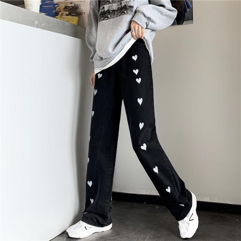 WTEMPO Heart-shaped Women's High Loose Casual Washed Denim Waist Wide Leg Pants Straight-leg Pants Super Long