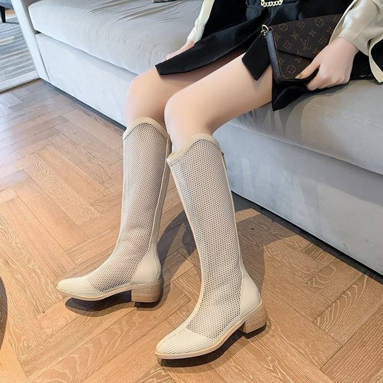 Children's Summer Boots Thick-heeled Net Boots Pointed Toe Mid-heel Mesh High-top Sandals Stovepipe Long-tube Sandals