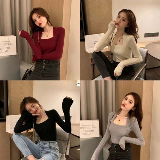 Autumn and Winter Women's Long-sleeved Pullover Sexy Square Neck Sweater Casual Solid Color Slim Top Ladies Knit Sweater