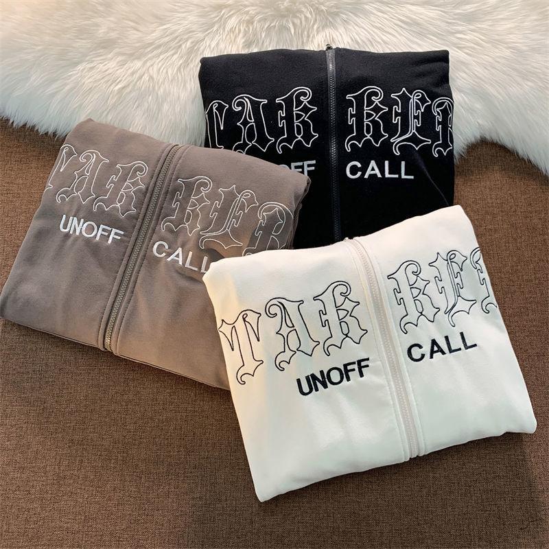 Retro Letter Embroidery Hooded Cardigan Sweater Men Hiphop Street Loose Sweater Cardigan Coat Ladies Casual Zipper Top