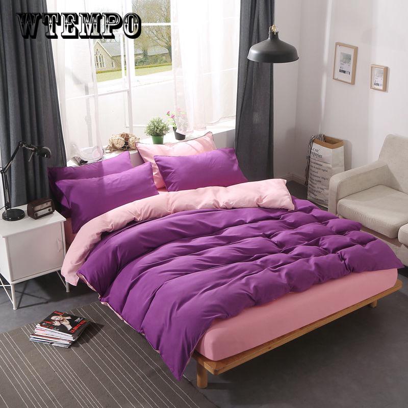 Solid Color Bedding Set Super King Duvet  Cover 4pcs Plaid AB Side Bedclothes Soft Pillowcases