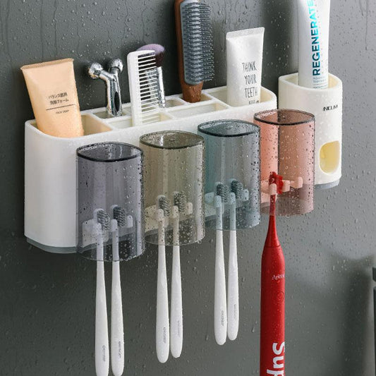 Toothpaste Dispenser Wall Mount Dust-proof Toothbrush Holder Wall Mount Storage Rack Bathroom Accessories Set Squeezer