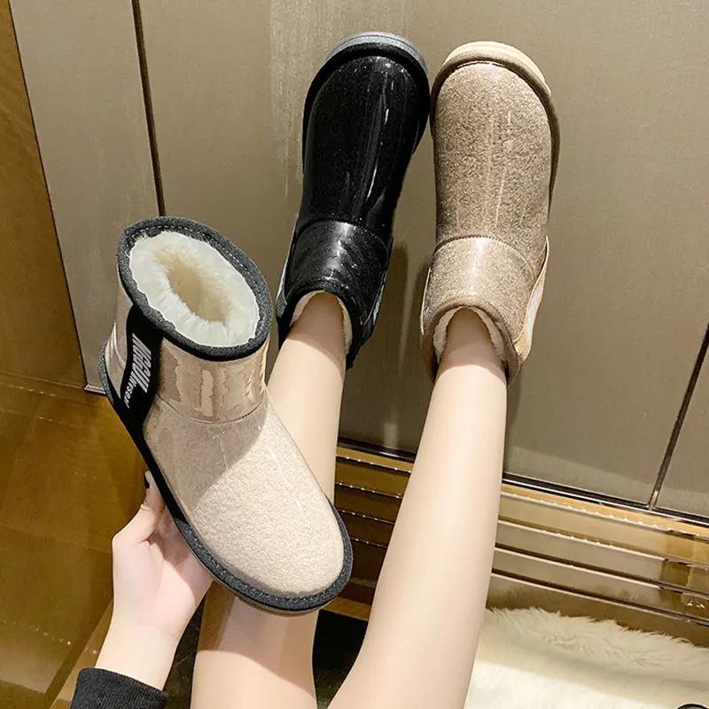 Snow Boots Women Winter Short Tube Transparent Waterproof Boots Korean Style Plus Cotton Shoes