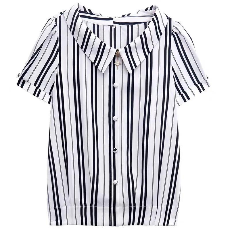 Short-sleeved Chiffon Shirt Women's Temperament Striped Shirt Top V-neck Short-sleeved Striped Thin Fabric Light and Breathable Cool